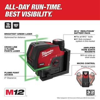 MW M12 12-Volt Lithium-Ion Cordless Green 125 ft. Cross Line  Plumb Points Laser Level Kit with 3.0 Ah Battery and Tripod 3622-21-48-35-1411