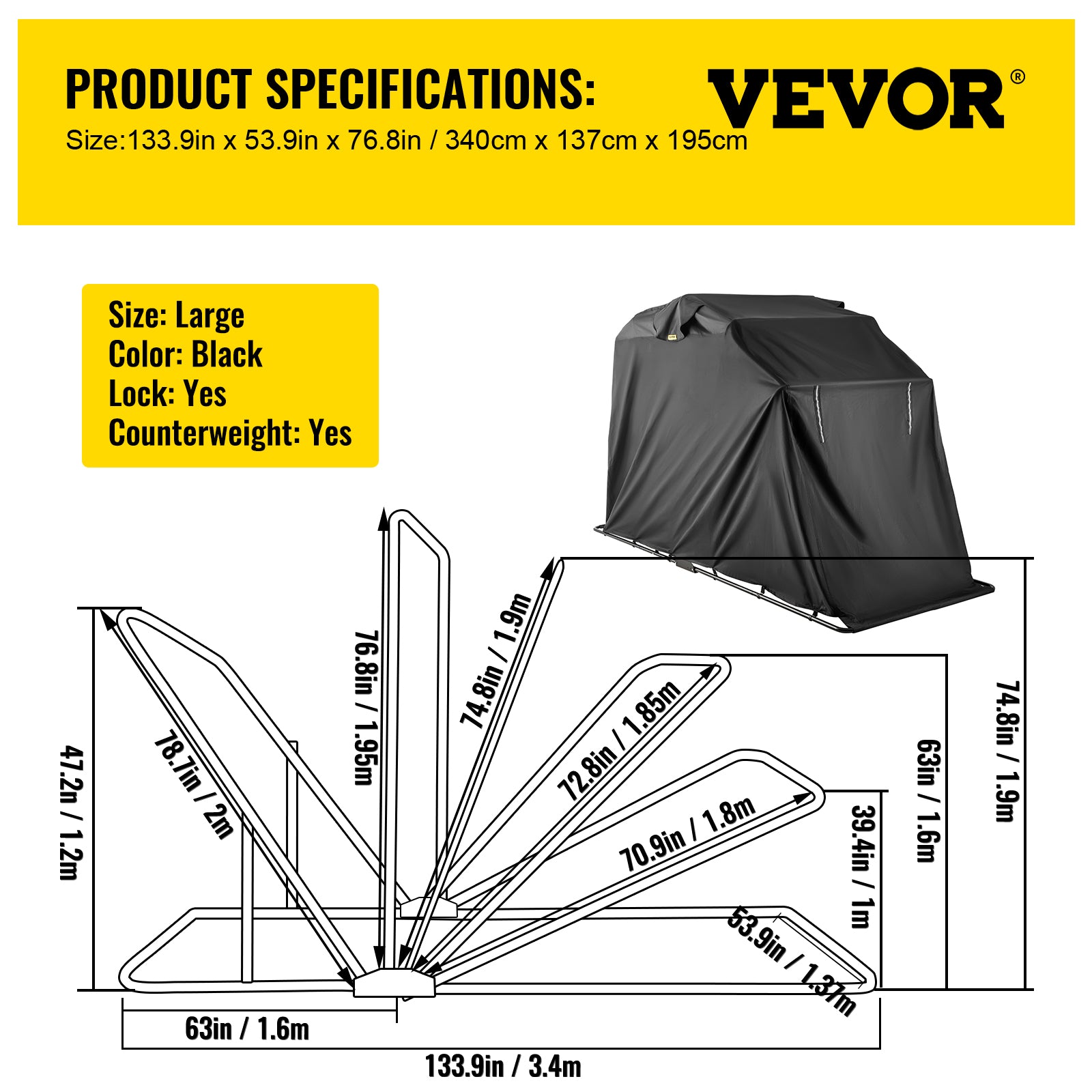 VEVORbrand Motorcycle Scooter Bike Cover Shelter， Waterproof Outdoor Storage Tent， Heavy Duty Shed， 600D Oxford Anti-UV， 133.9