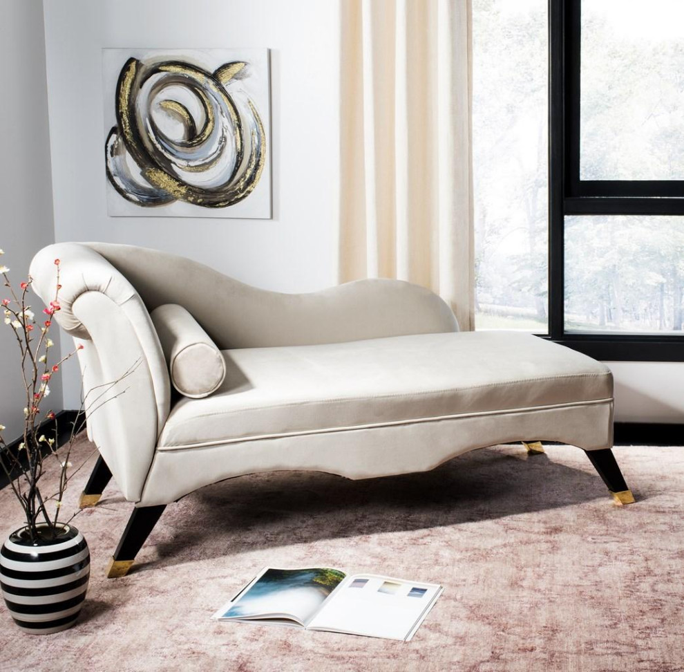 Karen Velvet Chaise W/ Pillow Tan/ Espresso   Transitional   Indoor Chaise Lounge Chairs   by Peachtree Fine Furniture  Houzz