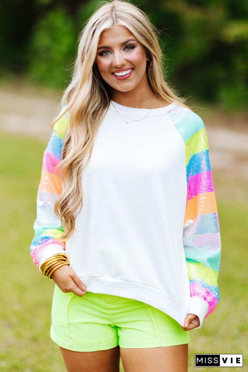 White Sequin Color Block Raglan Sleeve Pullover Sweatshirt