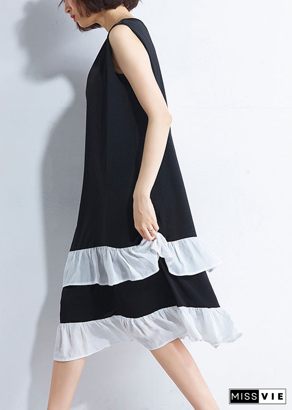 French patchwork Sleeveless Cotton Wardrobes Casual Runway black Plus Size Dress Summer