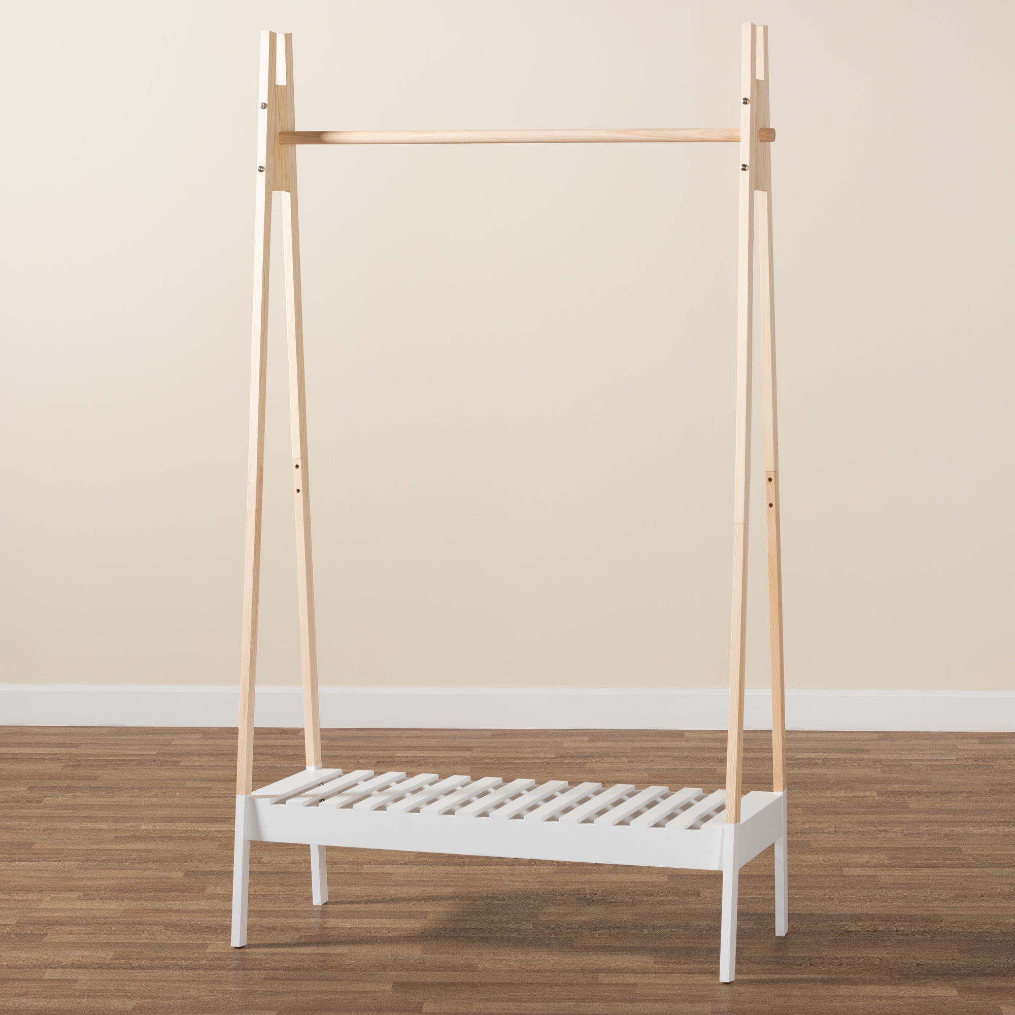 Baxton Studio Raylyn Modern and Contemporary Two-Tone White and Oak brown Finished Wood Freestanding Coat Hanger