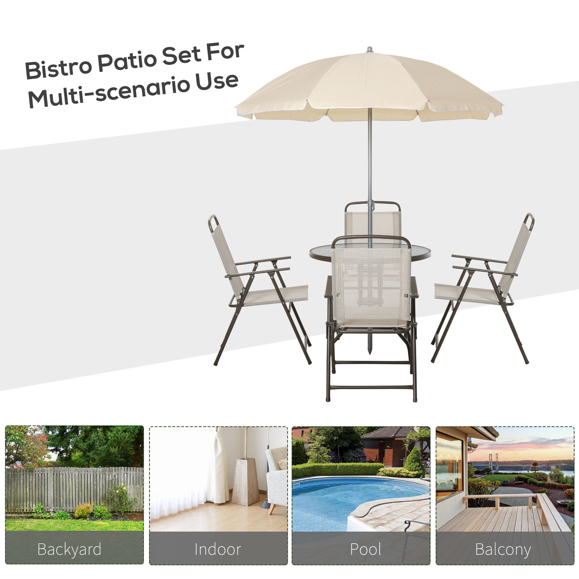 Outsunny 6 Piece Patio Dining Set for 4 with Umbrella, Outdoor Table and Chairs with 4 Folding Dining Chairs & Round Glass Table for Garden, Backyard and Poolside, Beige