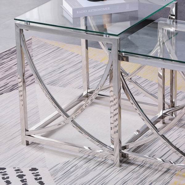 3 Pcs Modern Nesting Coffee Table with Glass Countertops， Sofa Table with Stainless Steel Frame for Living Room， Office