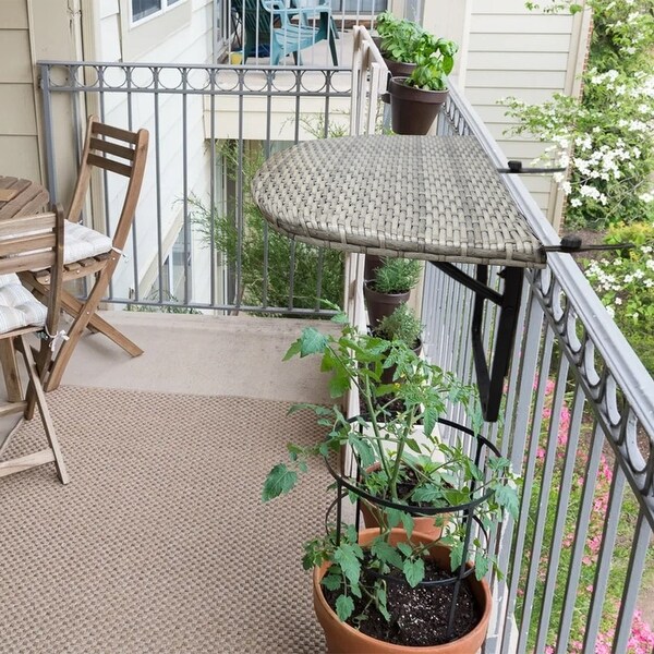 Indoor and Outdoor Foldable Wicker Balcony Table with Metal Frame and Adjustable Clamps