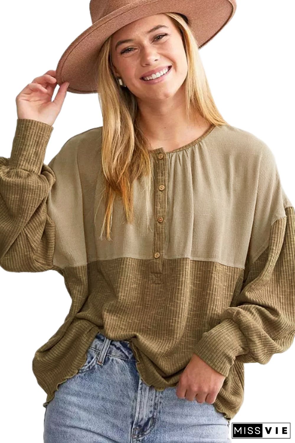 Khaki Ribbed Patchwork Drop Shoulder Buttoned Neckline Blouse