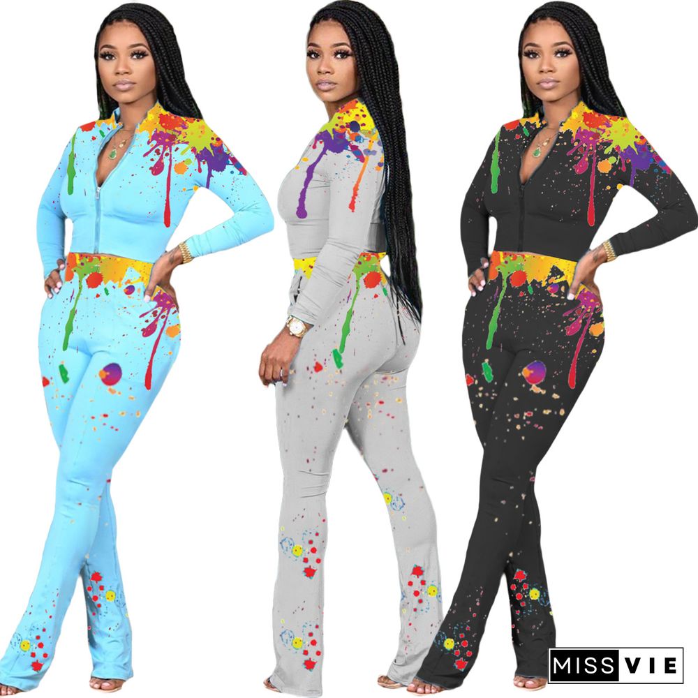 Splash Ink Printing Zip Crop Top And Pants Set