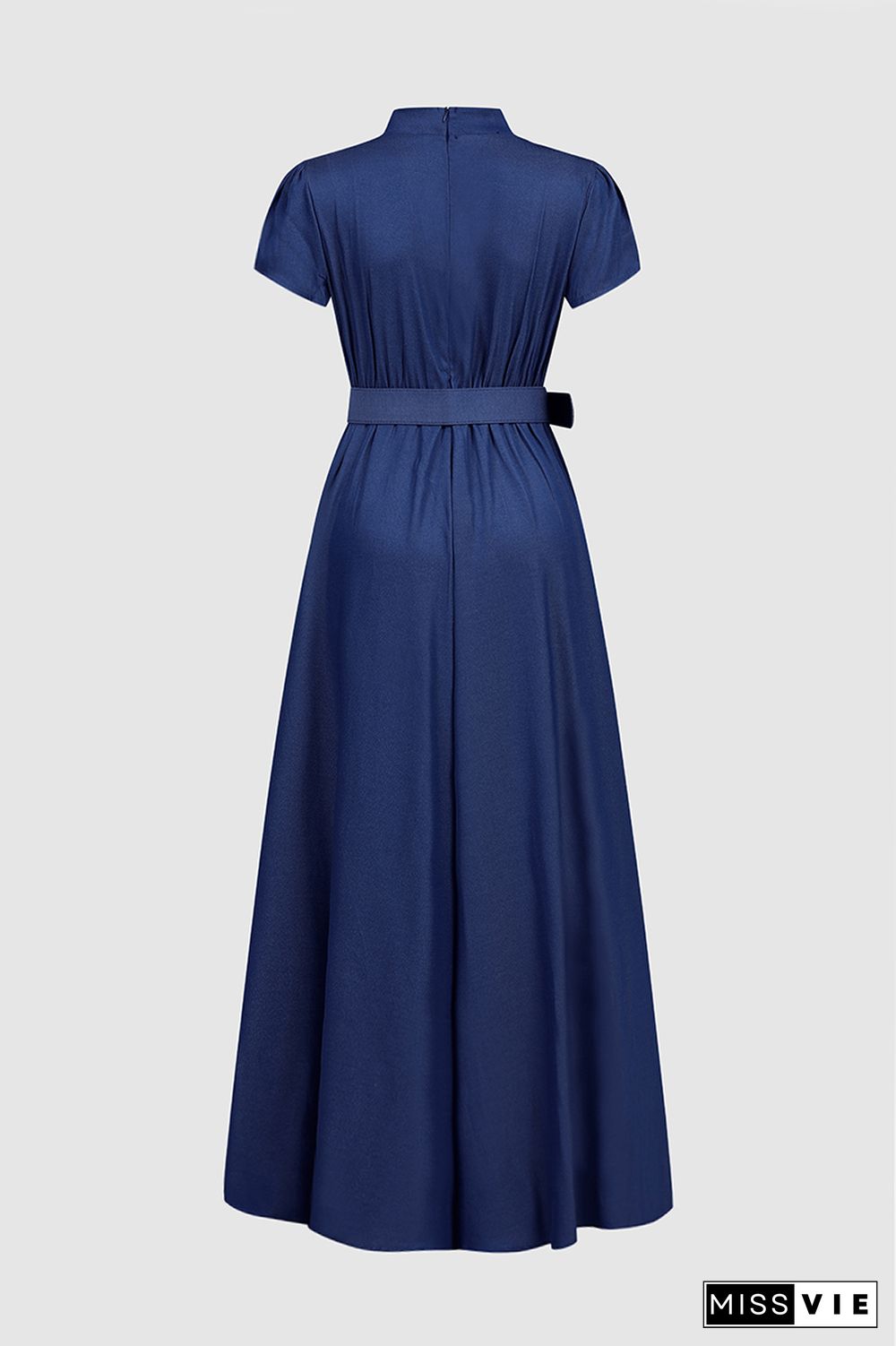 Solid Belted Stand Collar Maxi Dress