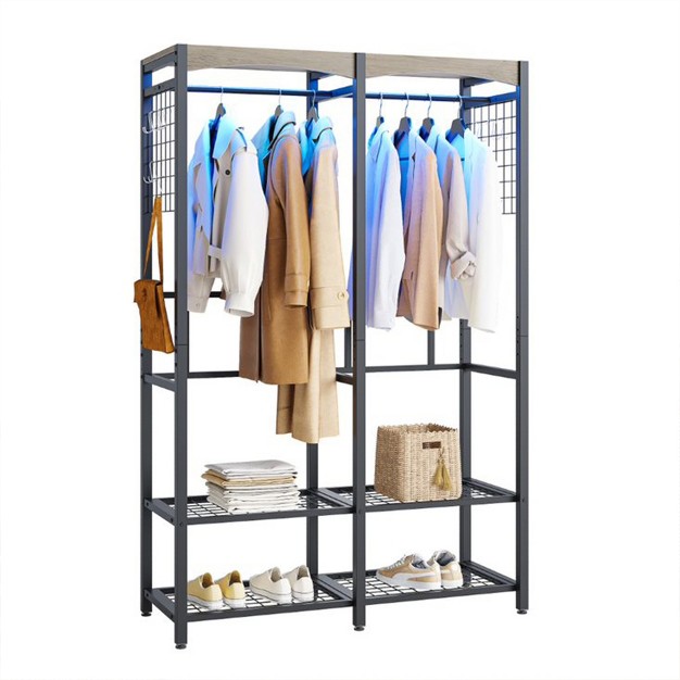 Bestier Metal Freestanding Wardrobe Storage Unit With Wooden Top Shelf And Built In Color Changing Lights With 7 Colors And 20 Dynamic Modes