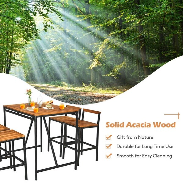 5Piece Outdoor Acacia Wood and PE Rattan Bar Set