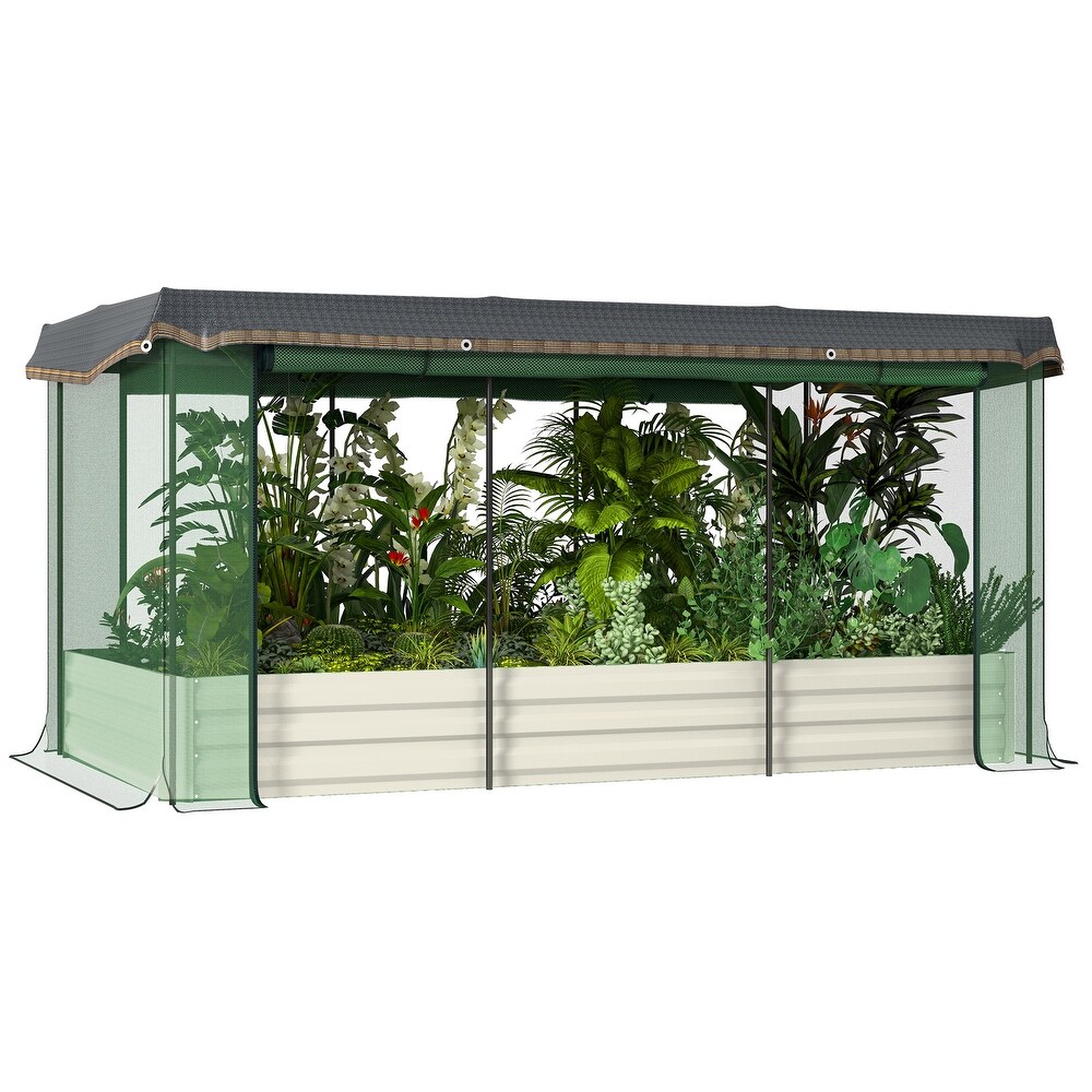 Outsunny Galvanized Raised Garden Bed with Crop Cage Plant Protection Net and Shade Cloth  Metal Planter Box