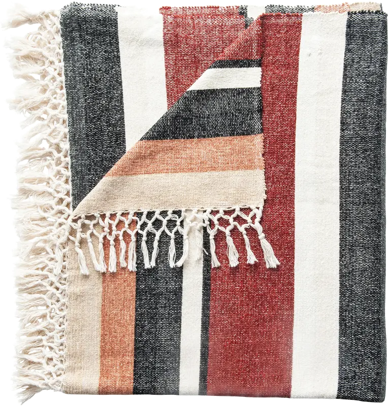 Multi Color Striped Cotton Blend Throw Blanket with Fringe