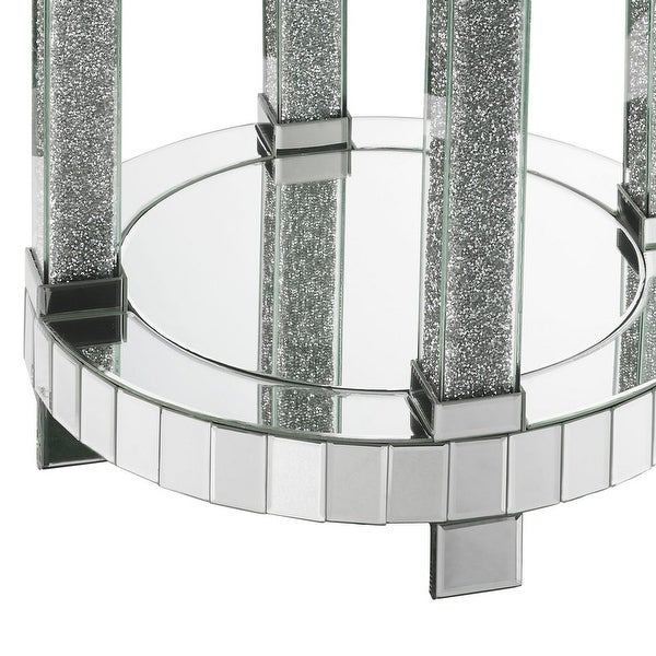 Round Mirrored Frame End Table with Faux Diamond and Bottom Shelf， Silver