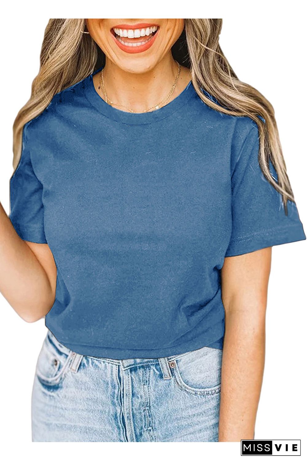 Blue Solid Color Crew Neck Short Sleeve Tee