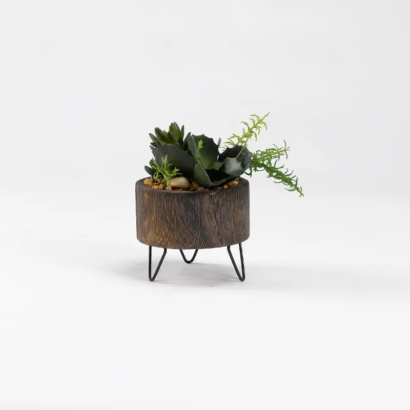 Faux Succulent Arrangement in Rustic Wood Planter