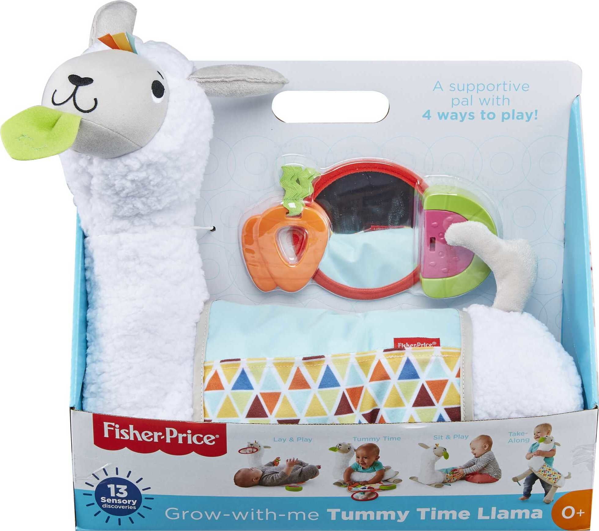 Fisher-Price Grow-with-Me-Tummy Time Llama Plush Baby Wedge with 3 Take-Along Sensory Toys