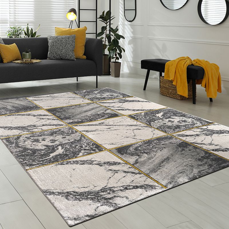 White Gold Grey Living Room Rug with luxurious Marble Pattern in 3D