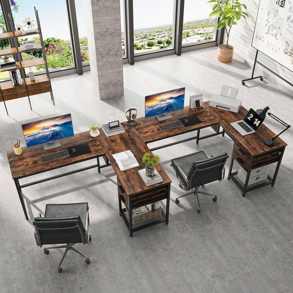 TRIBESIGNS WAY TO ORIGIN 59 in. L-Shaped Rustic Brown Wood 2 Drawer Computer Desk with Lift Top and Shelf HD-F1607