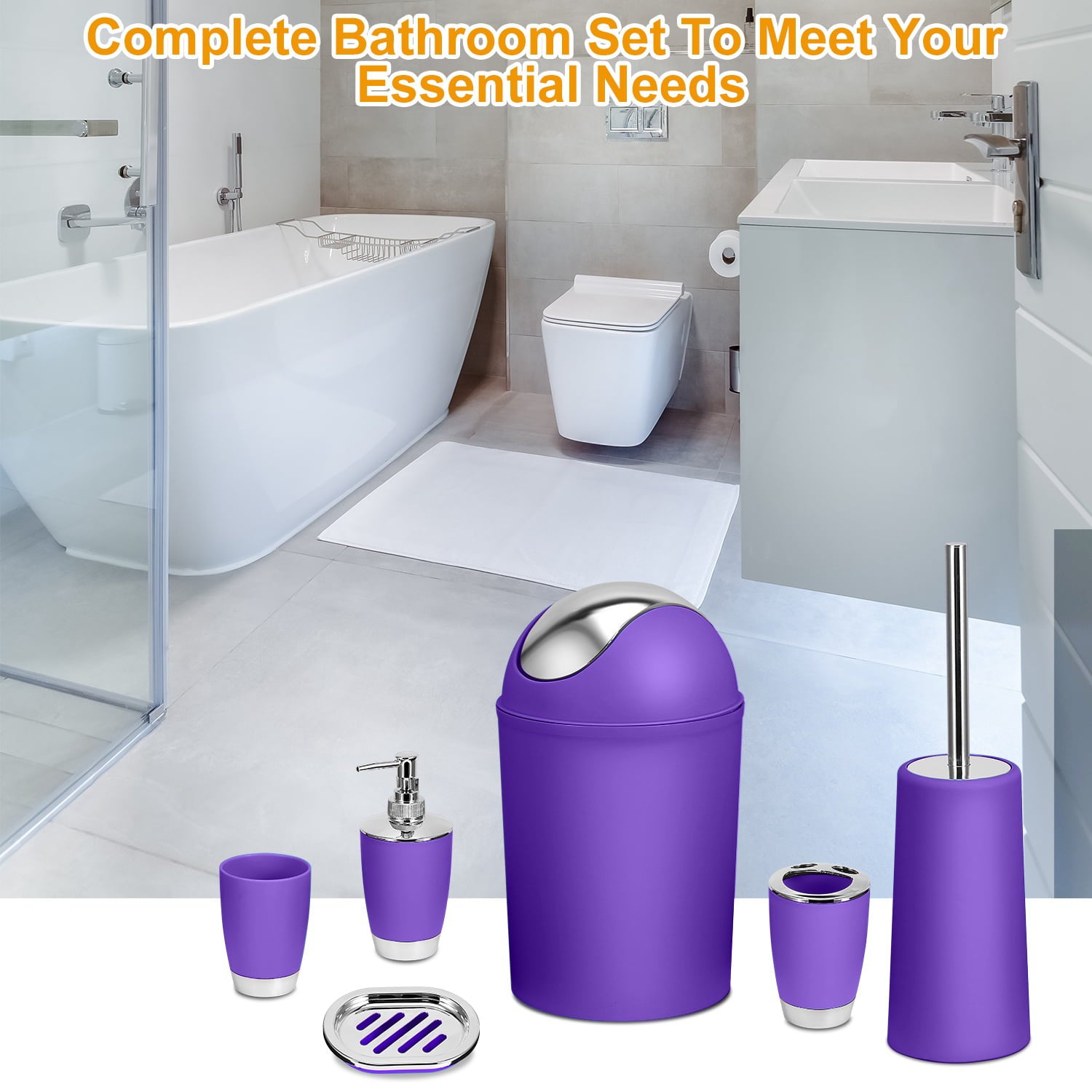 iMountek Bathroom Accessories Set 6 Pcs Bathroom Set Gift SetTumbler Straw Set Ensemble Complete Soap Dispenser Toothbrush Holder Tumbler Soap Dish Toilet Cleaning Brush Trash Can Purple