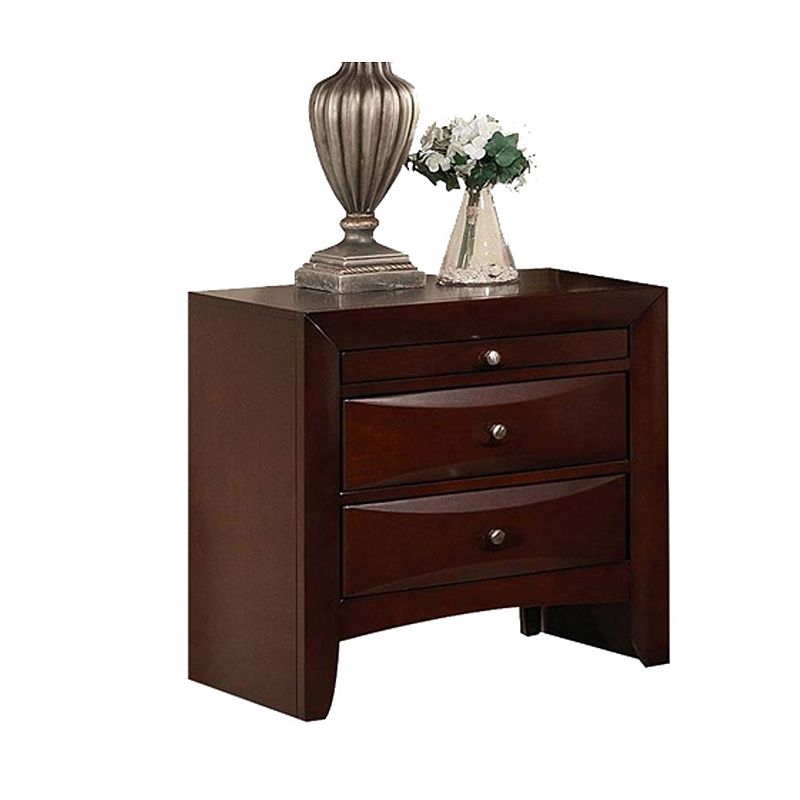 Contemporary Style Wooden Nightstand with Three Drawers and Metal Knobs， Brown