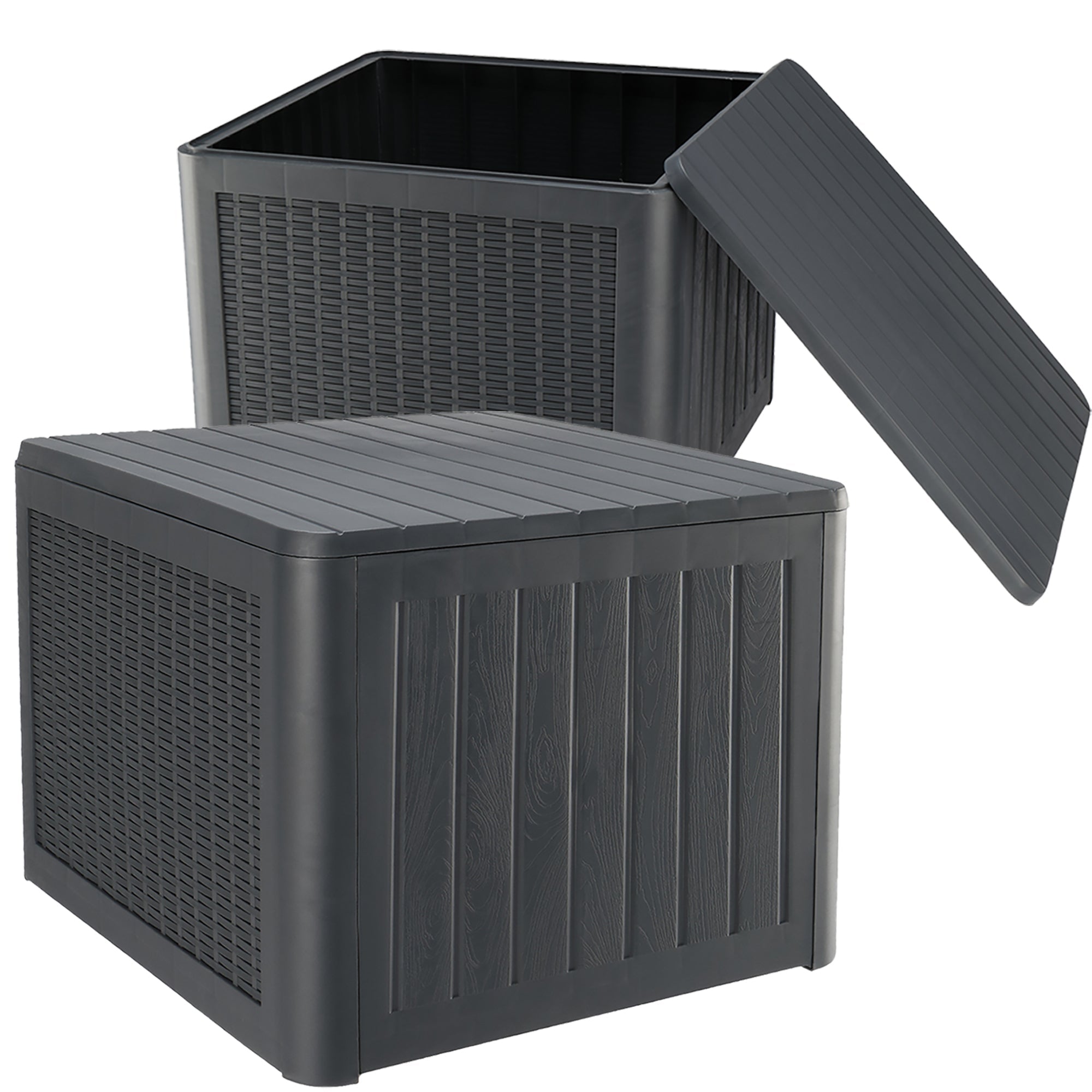 Seizeen Outdoor Storage Box, 36Gal Patio Deck Box for Outside Waterproof, Plastic Storage Stool Box for Tool Toy Garden Poolside, Gray Wood Grain & Rattan Surface