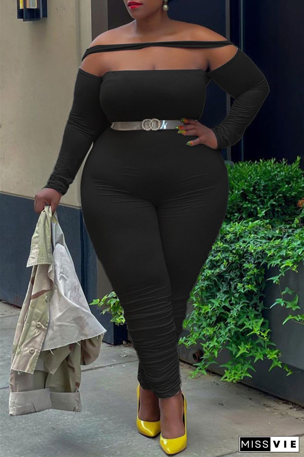 Grey Sexy Casual Solid Patchwork Backless Off the Shoulder Plus Size Jumpsuits(Without Belt)