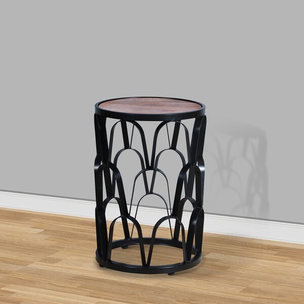 23 Inch End Side Table， Round Mango Wood Top， Lattice Cut Out Iron Frame， Brown， Black