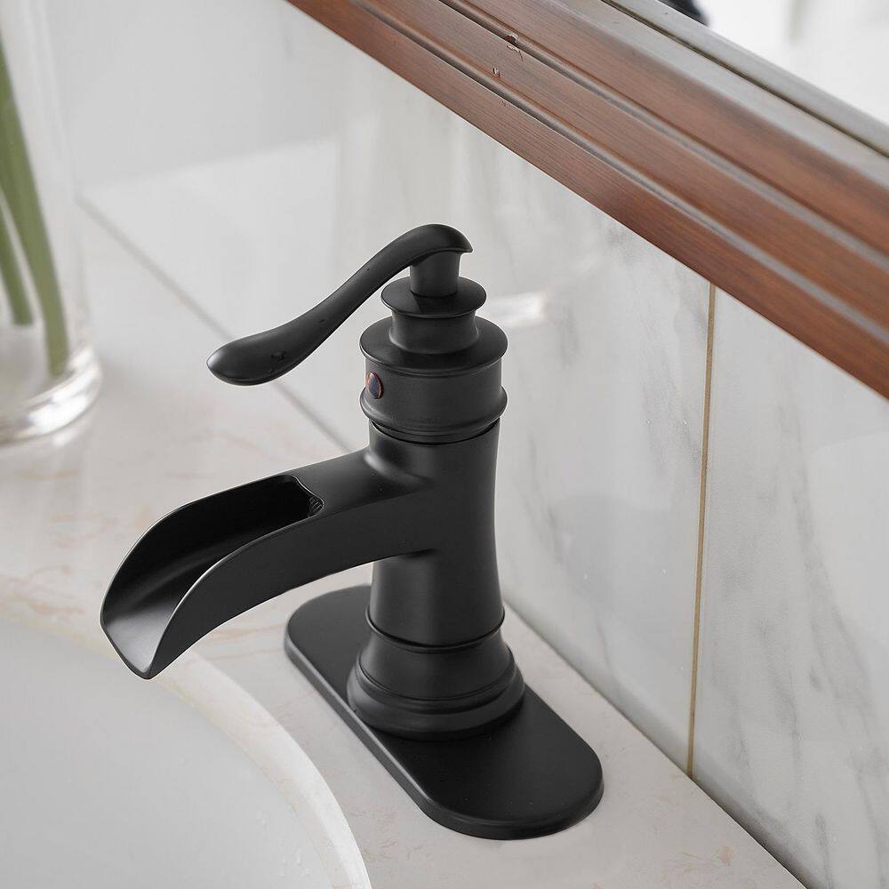 BWE Waterfall Single Hole Single-Handle Low-Arc Bathroom Faucet With Pop-up Drain Assembly In Matte Black A-96556-Black