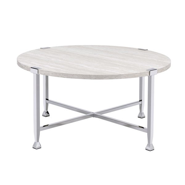 Coffee Table with X Shaped Metal Base and Round Wooden Top，Silver and Beige