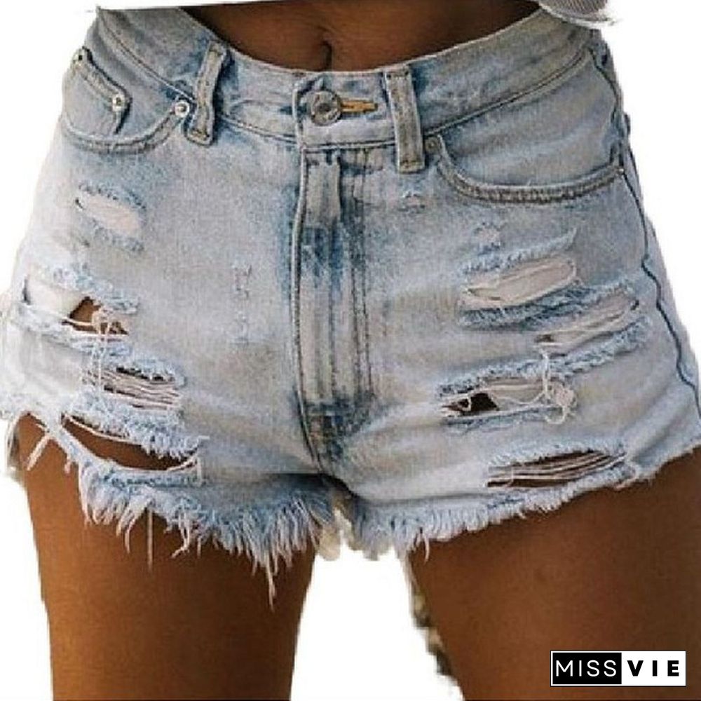 Summer New High Waist Ripped Tassel Denim Shorts Women Hot Pants