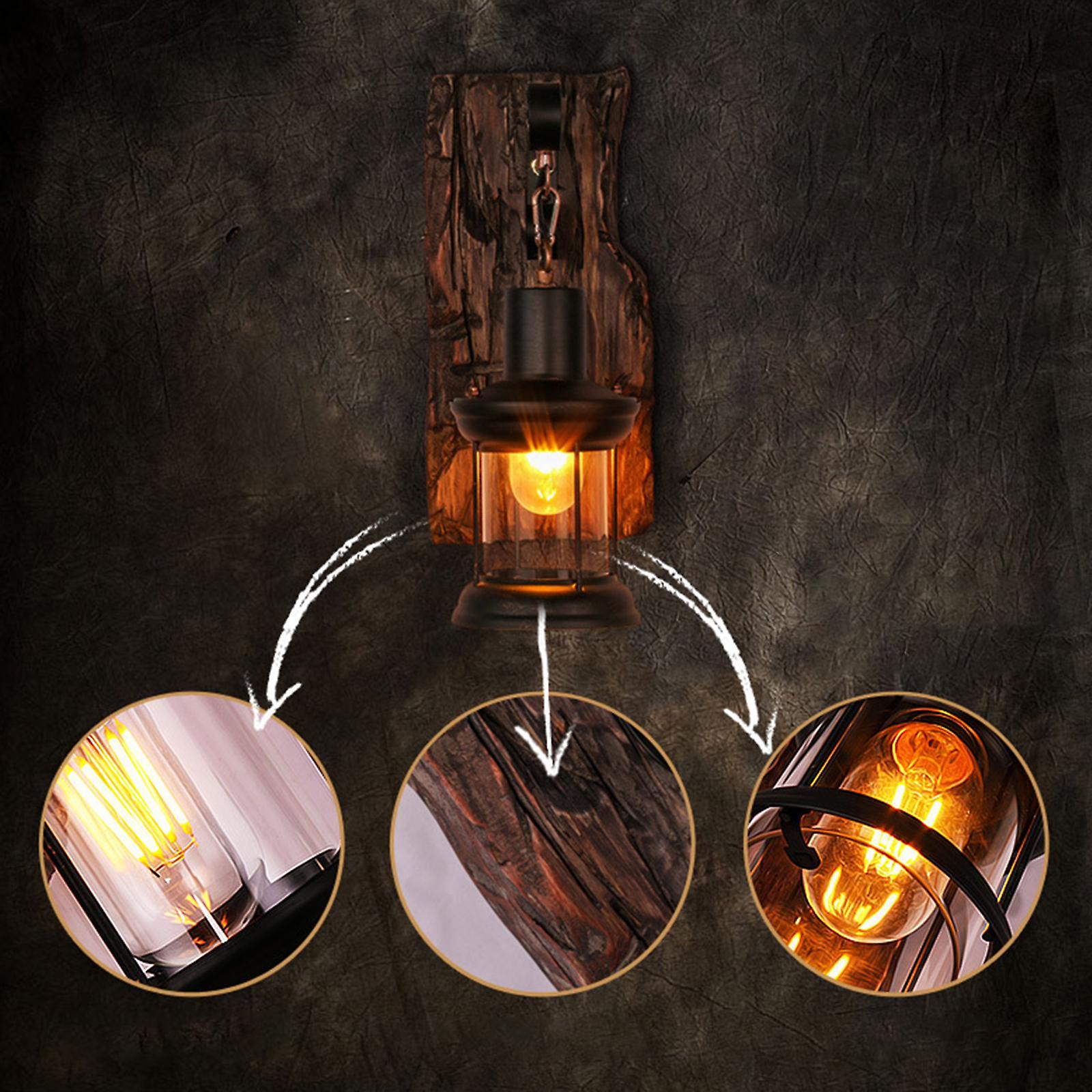 2x Antique Style Industrial Wood Wall Sconce Light E27 Fixture Decorate Wall Lamp Glass Shade Rustic Art For Bar Loft Cafe Kitchen Restaurant