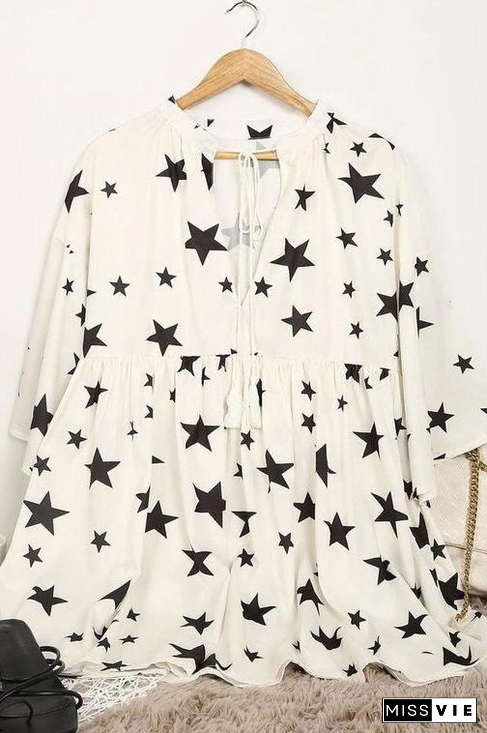 Sweet Star Print V-Neck Tassel Dress