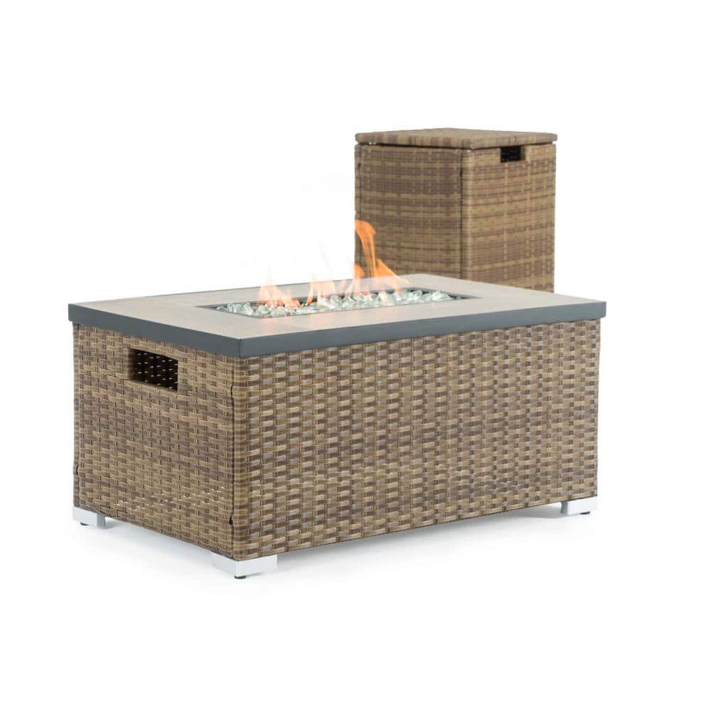 RST BRANDS Cheyenne 32 in x 16 in Rectangular Wicker Propane Fire Pit Table in Brown with Propane Storage and Protective Cover