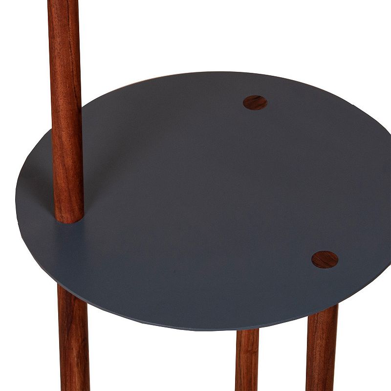 29 Inch Round Metal Top End Table with Inbuilt Wooden Pole， Brown and Black