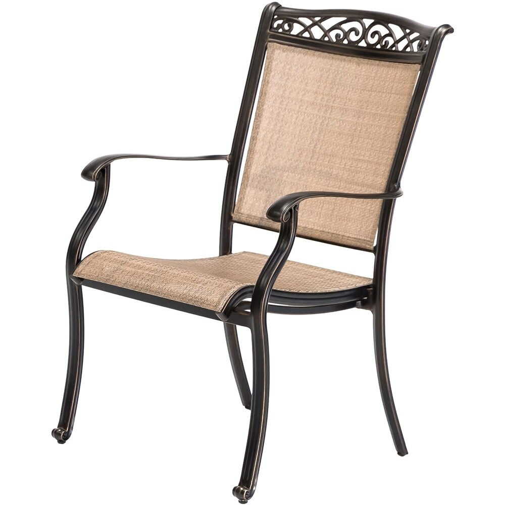 Hanover Fontana 7 Piece Outdoor Dining Set with 2 Sling Swivel Rockers  4 Sling Chairs  and a 38 In. x 72 In. Cast Top Table