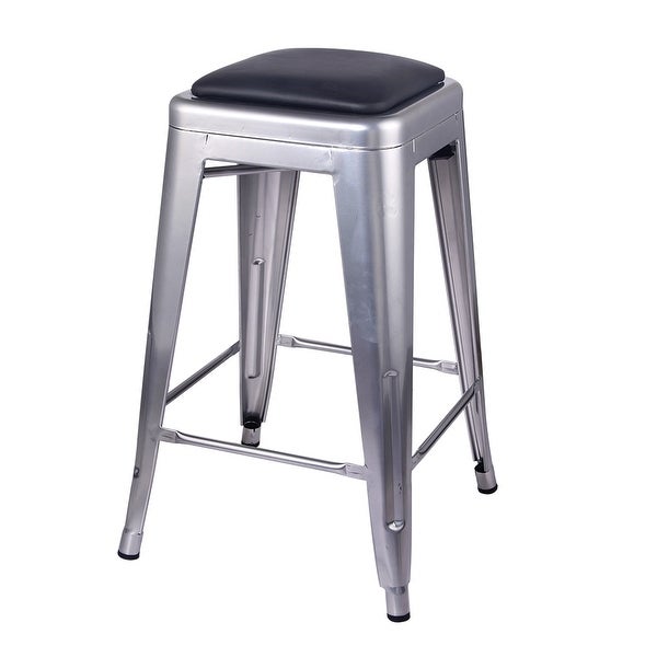 24 Inch Counter Height Backless Metal Stools with Vegan Leather Seat， Silver， Set of 4