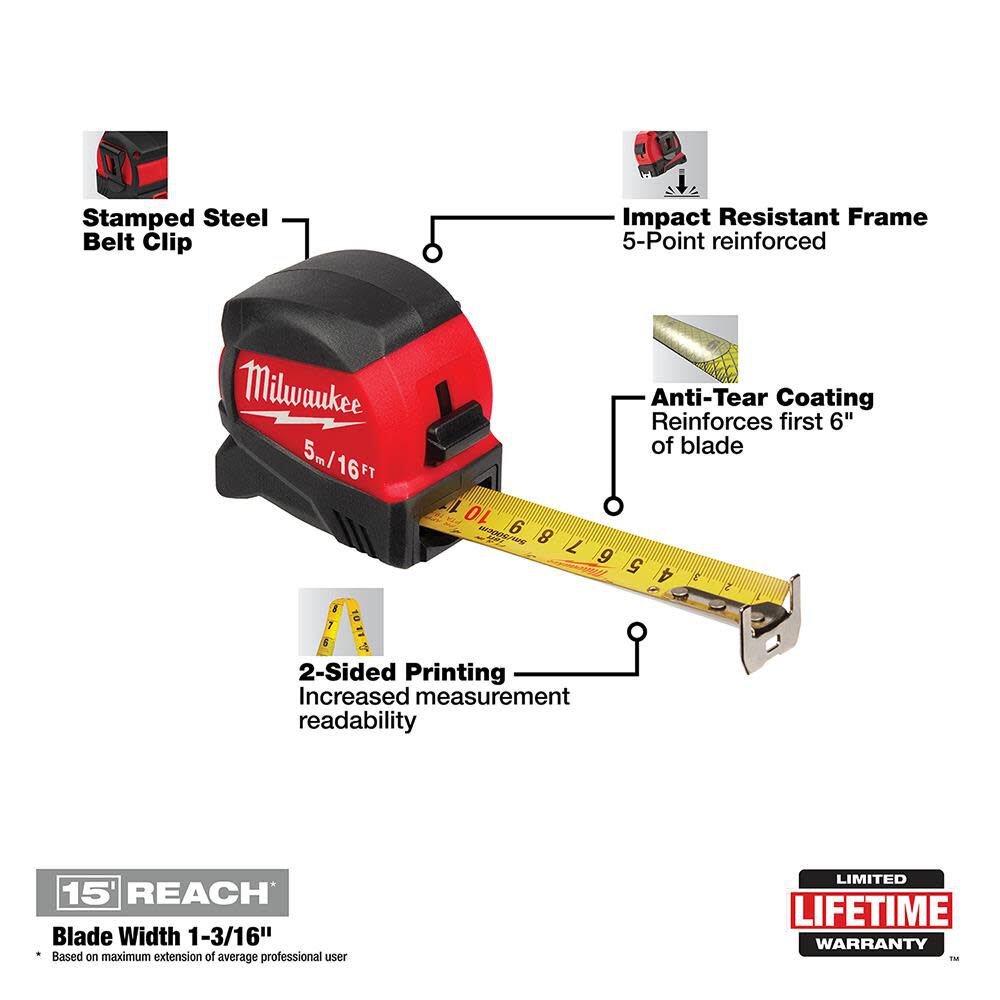 MW 5M/16Ft Compact Wide Blade Tape Measure 48-22-0417 from MW