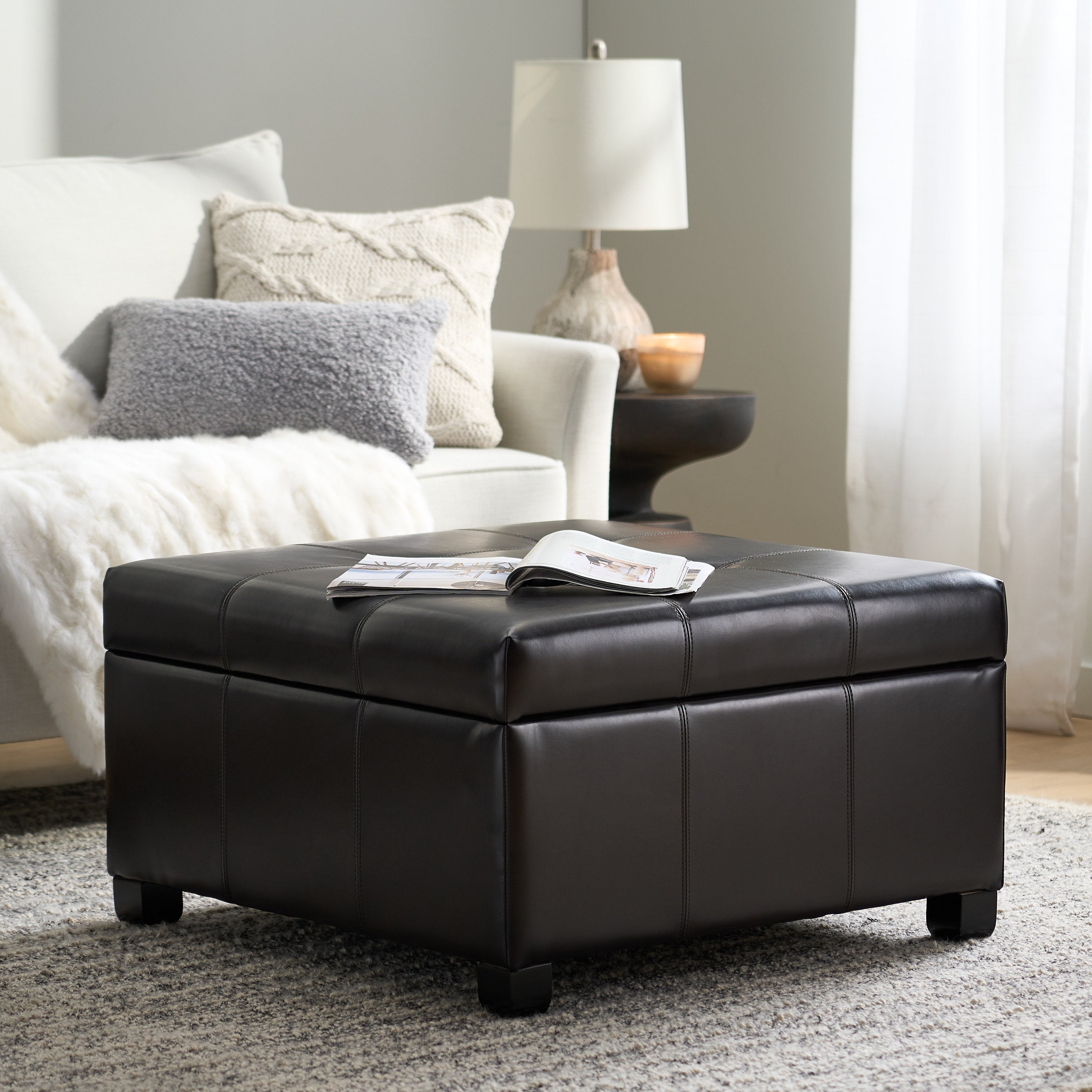 Boston Espresso Brown Tufted Leather Storage Ottoman Coffee Table