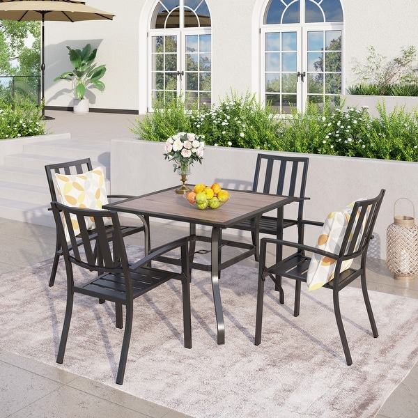 MAISON ARTS 5piece Faux Wood Table and Metal Stackable Chairs Patio Set