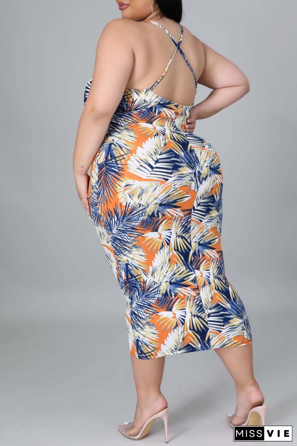 Orange Sexy Casual Print Backless O Neck Sling Dress Plus Size Dresses