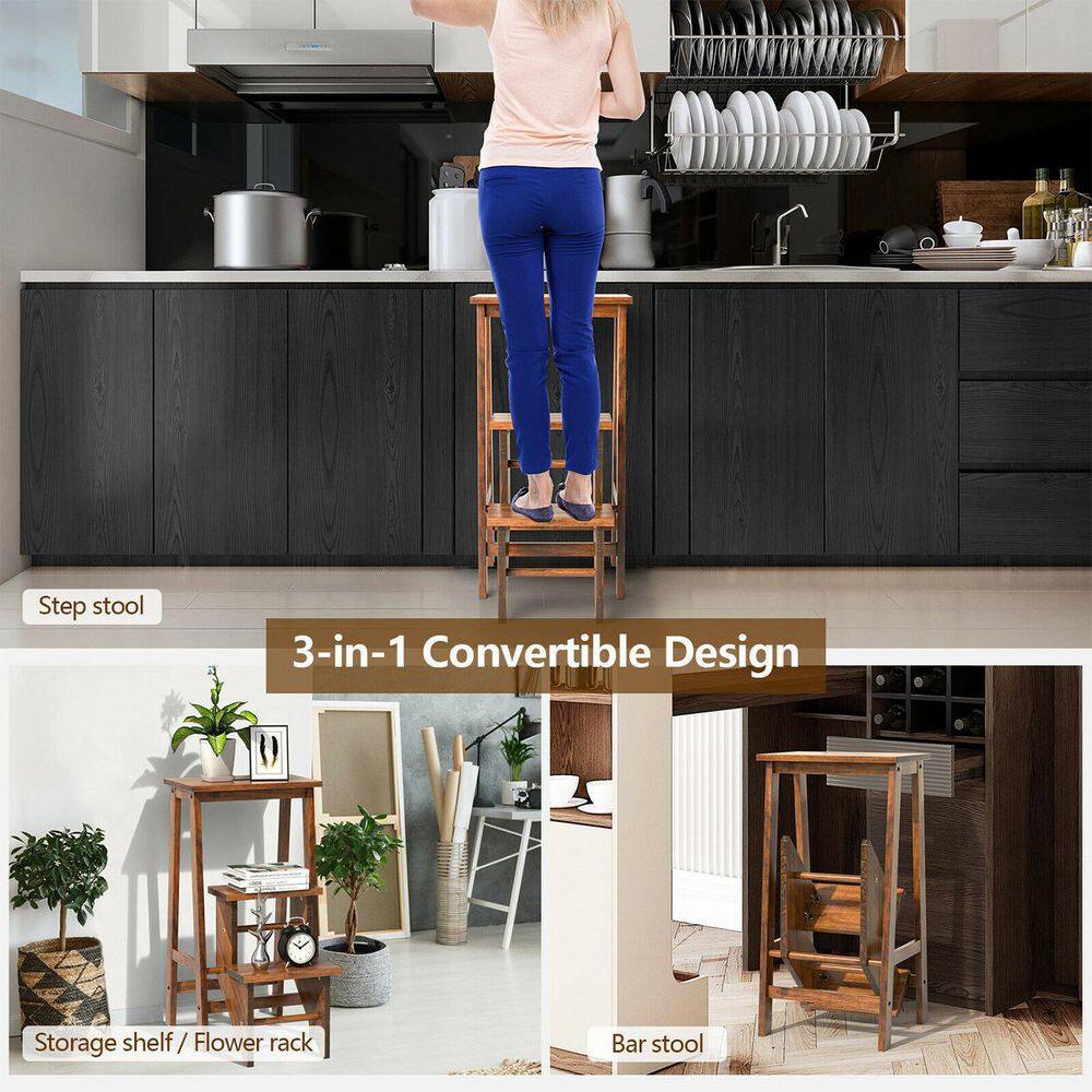 WELLFOR 3-in-1 3-Step Rubber Wood Folding Step Stool 200 lbs. with Convenient Handle in Natural JV10235-HGY-CF