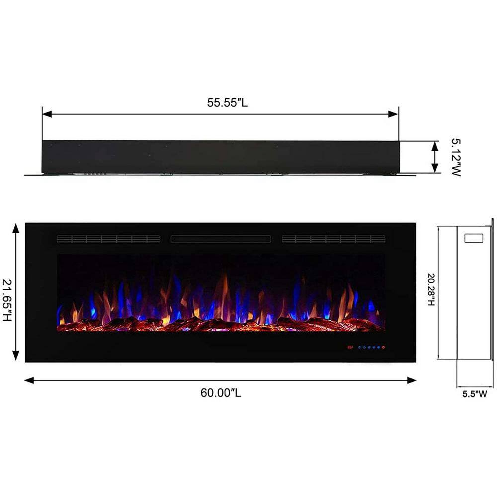 Boyel Living Black 60 in. 400 Sq. Ft. Recessed and Wall Mounted Electric Fireplace with Logs and Crystals VL-EF60