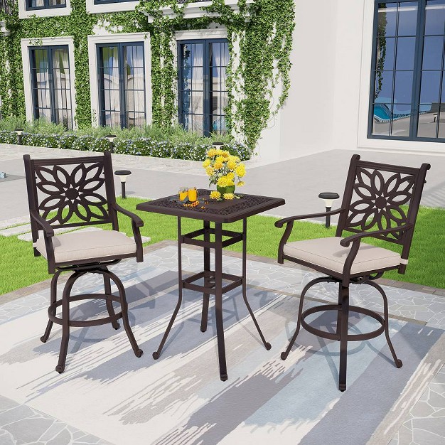 3pc Outdoor Square Cast Aluminum Bar Table amp Swivel Chairs Captiva Designs