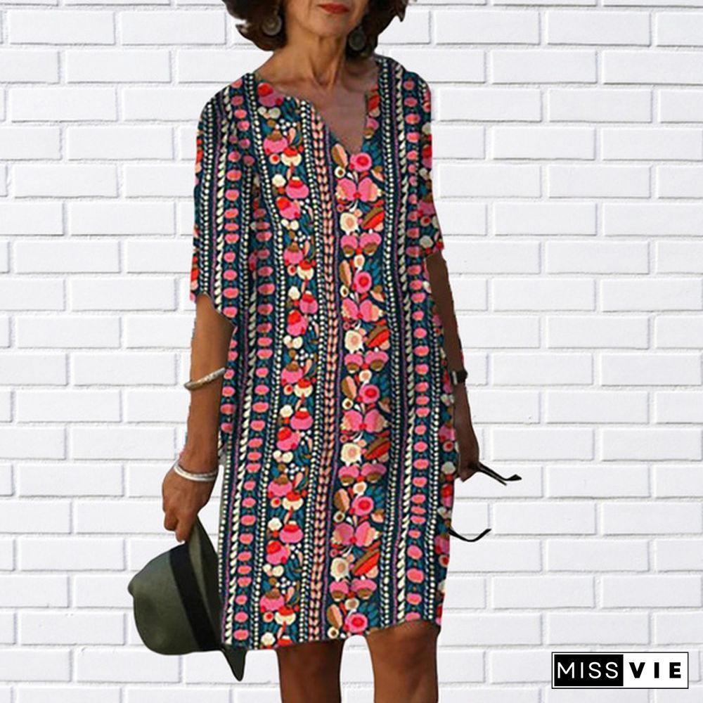 Spring Summer Autumn Women's Female Casual Loose V-Neck Flower Floral Print Mid-Sleeve Half Sleeve Dresses A-Line Dress Skirt Mini Dress Retro 3D Print Five-Point Vintage Sleeve Dress Plus Size Xs-8Xl