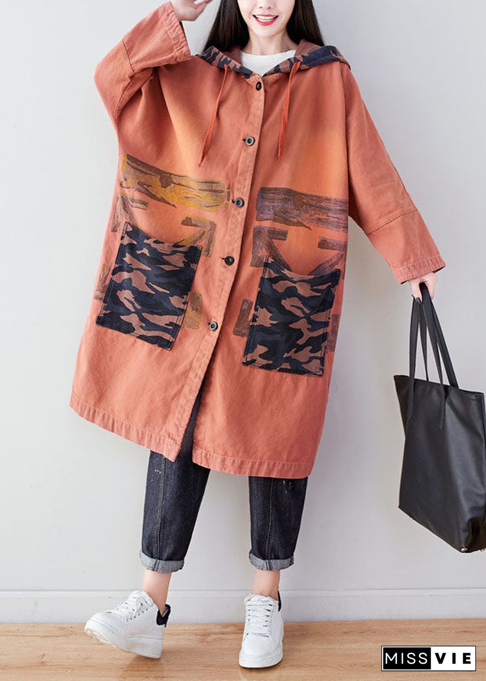 Orange Pockets Patchwork Print Cotton Hoodie Coat Spring