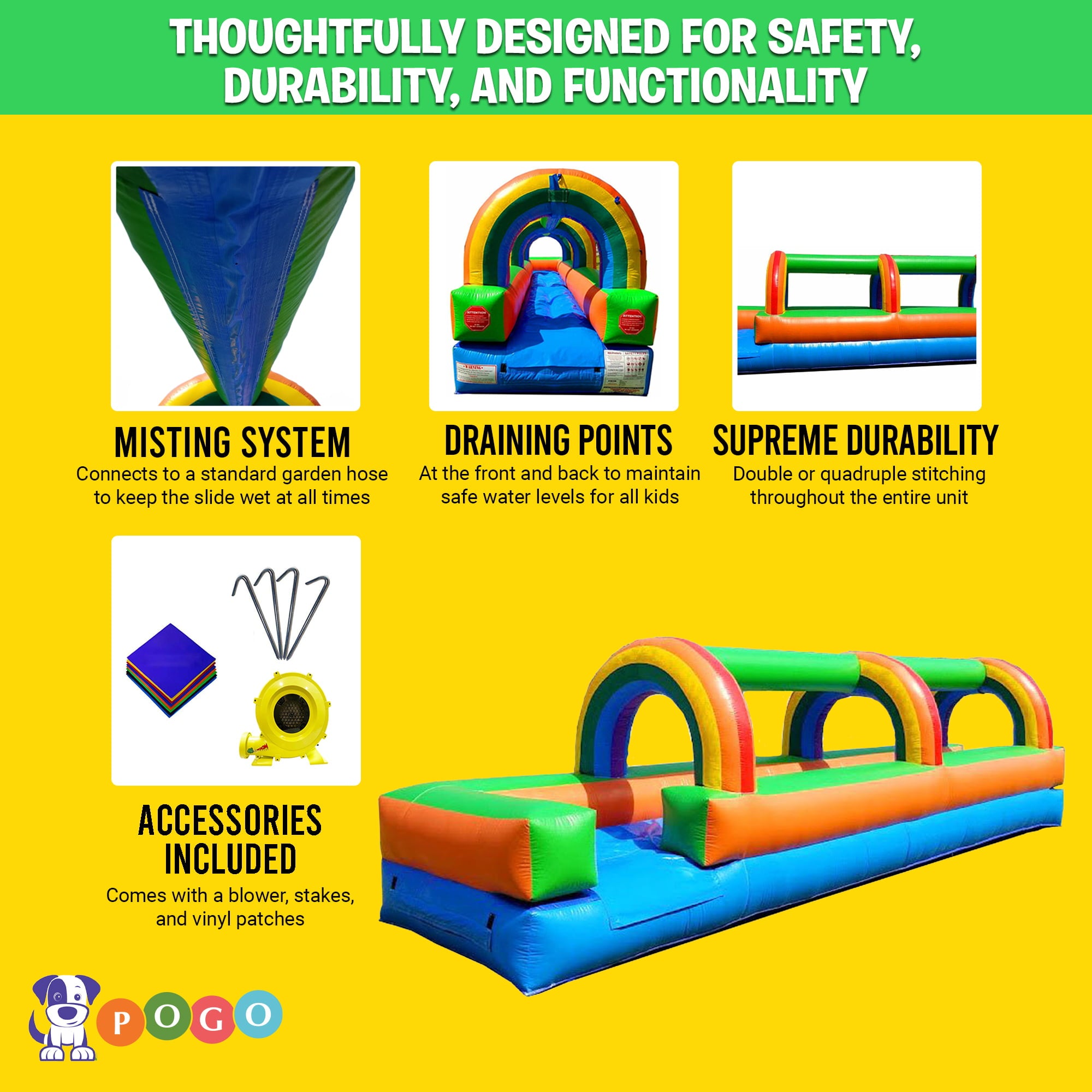 Pogo Bounce House Crossover Giant Inflatable Slip and Slide, Rainbow with Blower