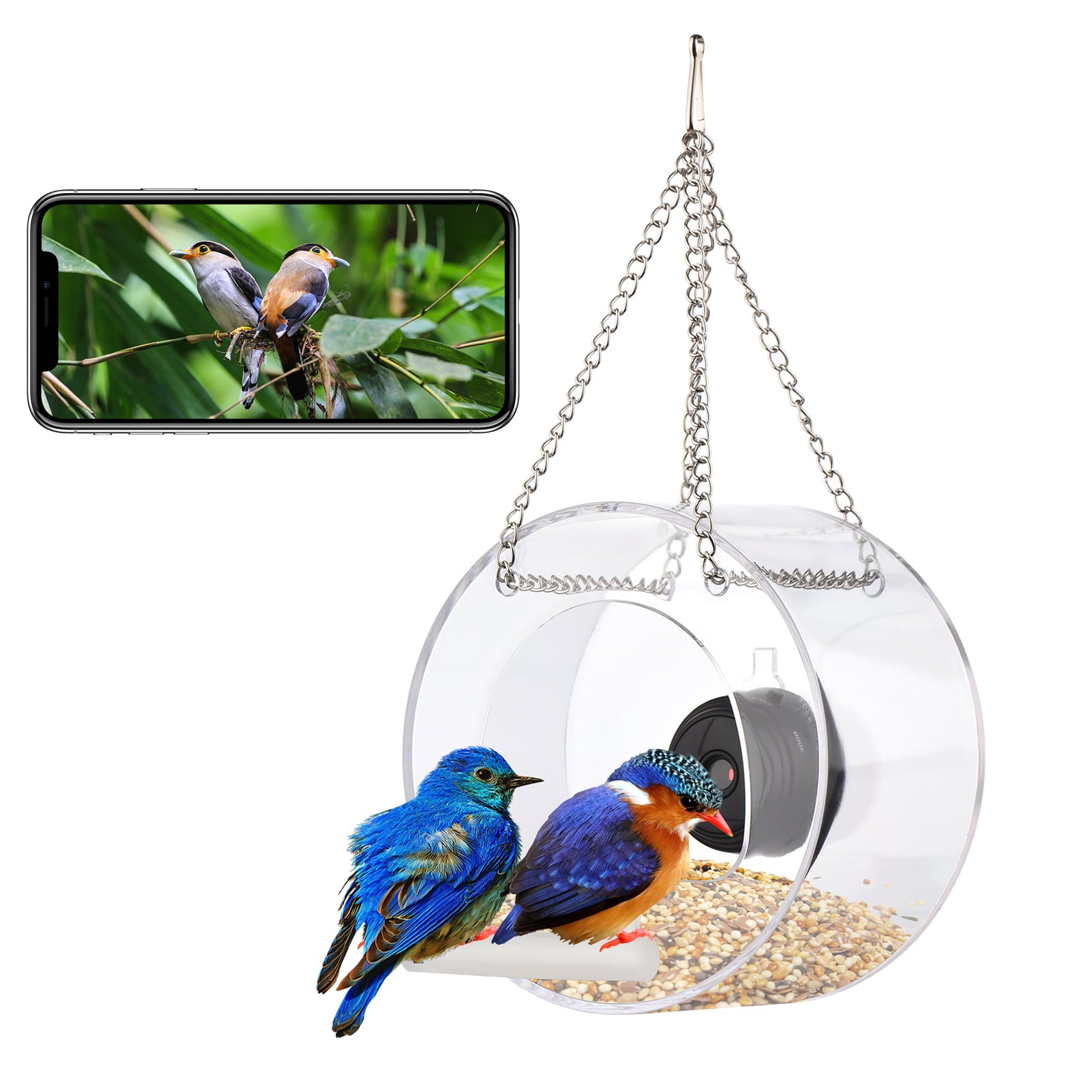 Docooler Clear Window Bird Feeder with Wifi Camera Suction Cup， Smart Transparent Round Birdfeeder with 16GB TF Card Photo Taking Video Recording IR Night Vision， Outside Birdhouse for Close Up View