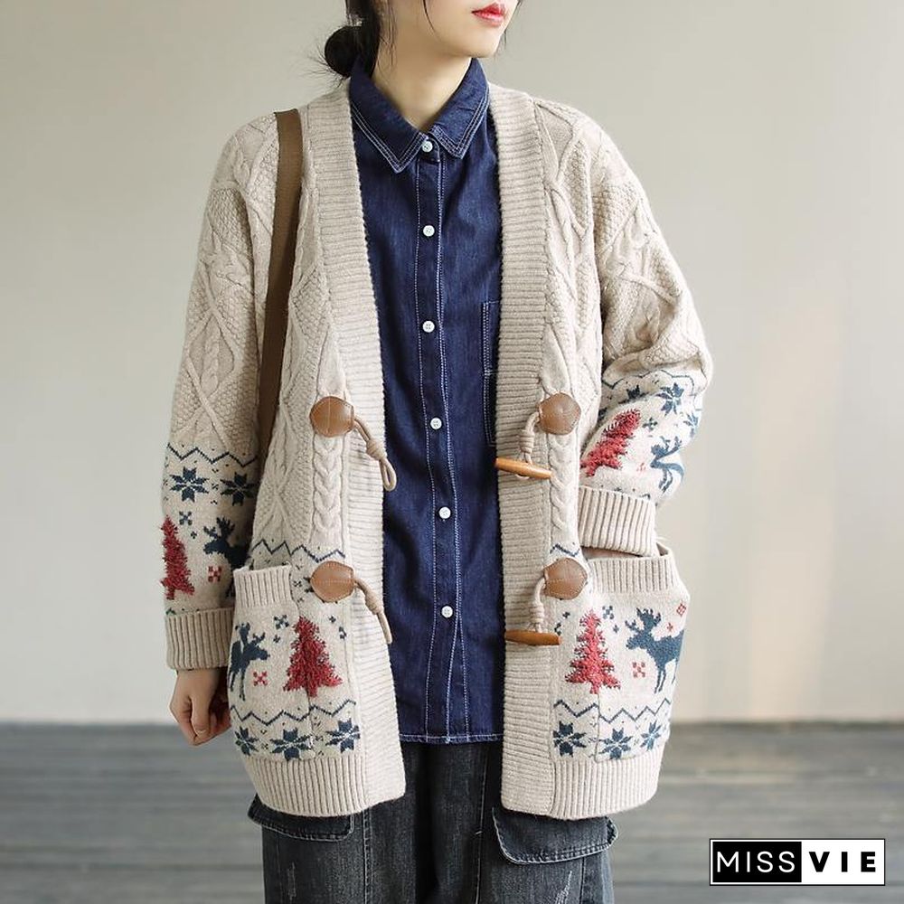 For Work Spring knit sweat tops trendy plus size Beige Deer Print knitted cardigans