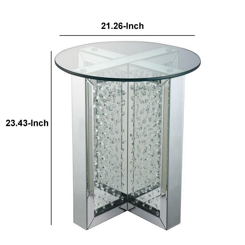 Round Mirrored Metal End Table with Glass Top and Crystal Accent Base， Silver