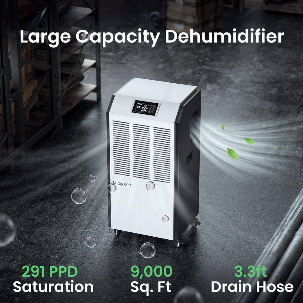 waykar 291-Pint Industrial Dehumidifier with Smart Dry for Bedrooms Basements or Humid Rooms up to 9000 sq. ft. in White. HDCX-DP138B